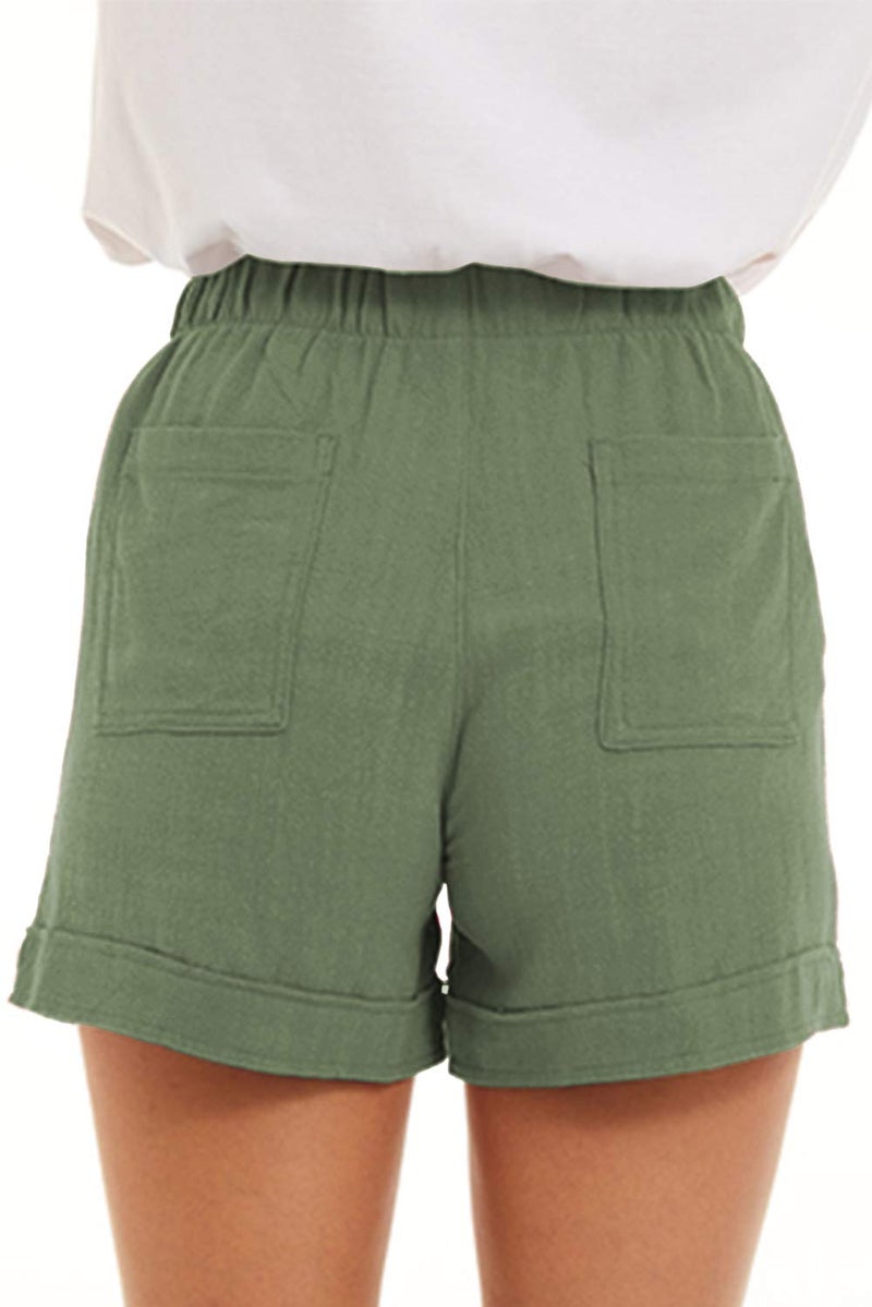 KINGFEN Womens Shorts for Summer Casual Comfy Drawstring Beach Cotton Shorts for Women Mid Rise Elastic Waist Linen Beach Summer Pull On Short with Pockets Green Small - Image 3